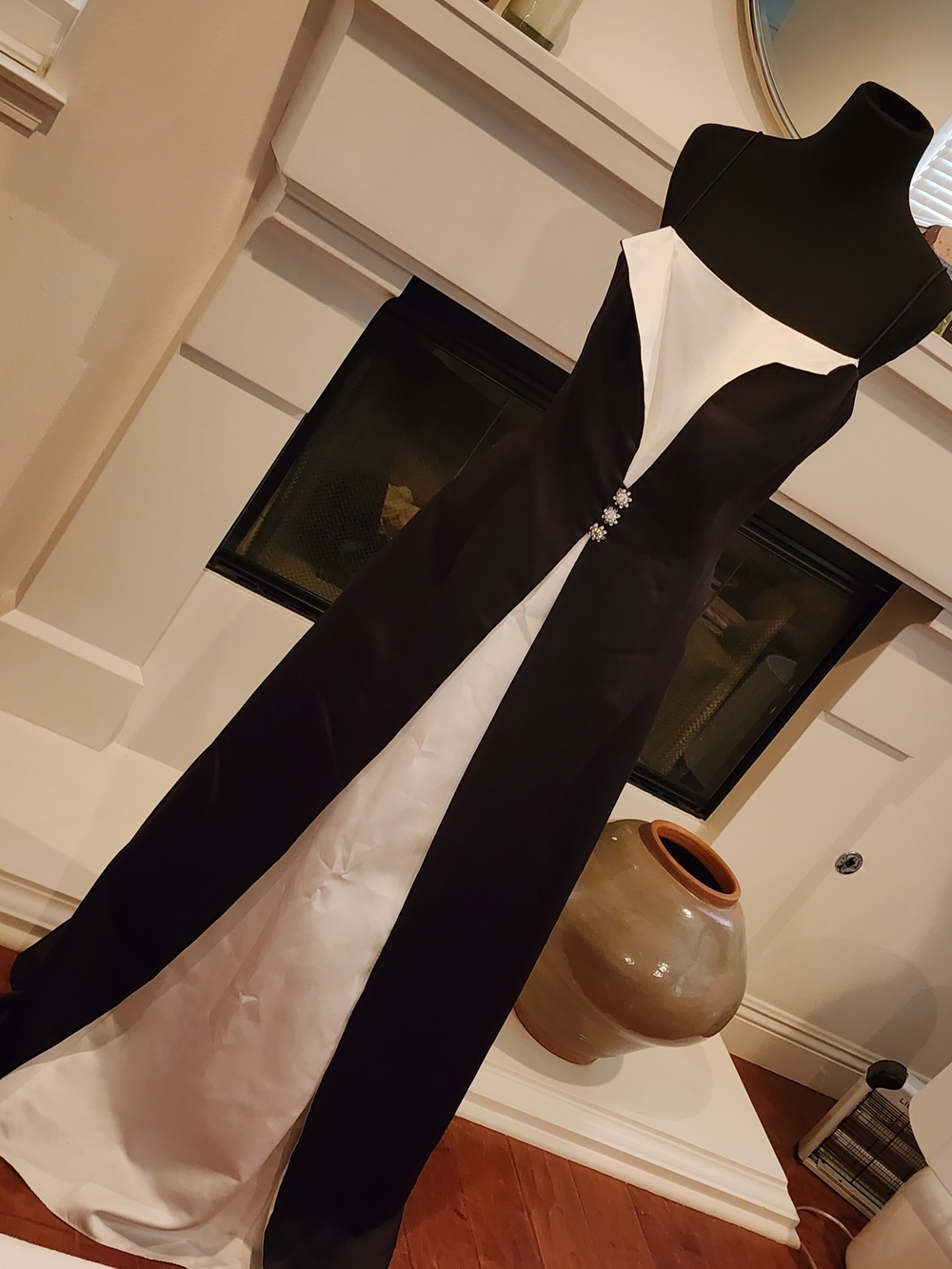 Betsy & Adam Black and White Spaghetti Strap Evening Gown